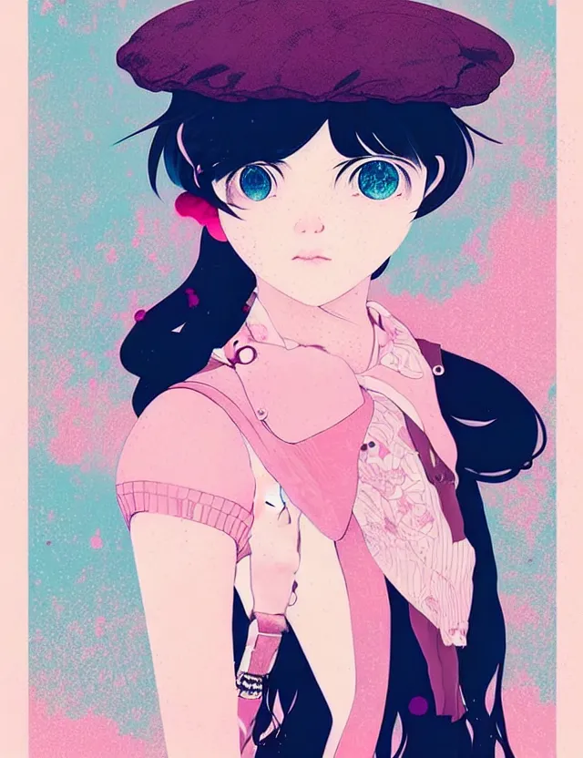 Prompt: singular girl wearing a beret, very anime!!! anime!! intricate details, aesthetically pleasing pastel colors, cool shaded poster background, art by conrad roset and ilya kuvshinov