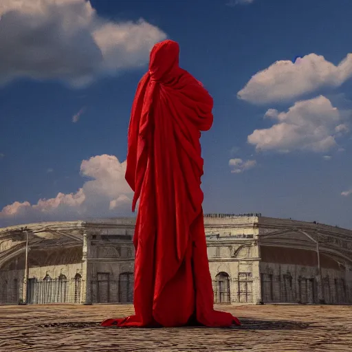 Image similar to a roman statue covered by red cloth that's blowing in the wind, digital art, concept art, cloth simulation with houdini, octane, redshift, 8 k