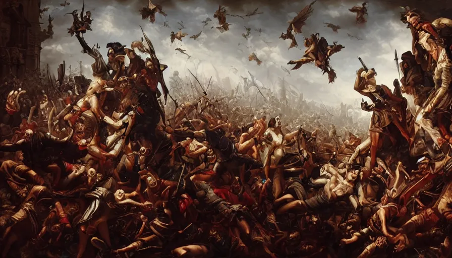 Image similar to baroque painting of a war between vampires and humans, hyperdetailed, artstation, cgsociety, 8 k