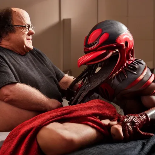 Prompt: Danny DeVito and The Predator on a bed playing with big wood, cinematic, studio light, 8K,