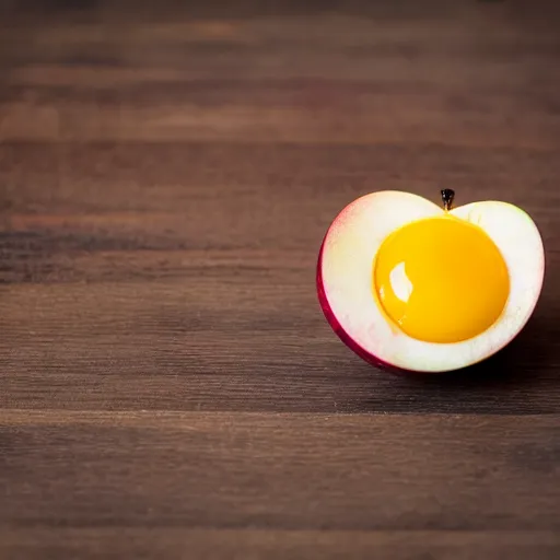 Prompt: photo of half of an apple with a egg yolk inside