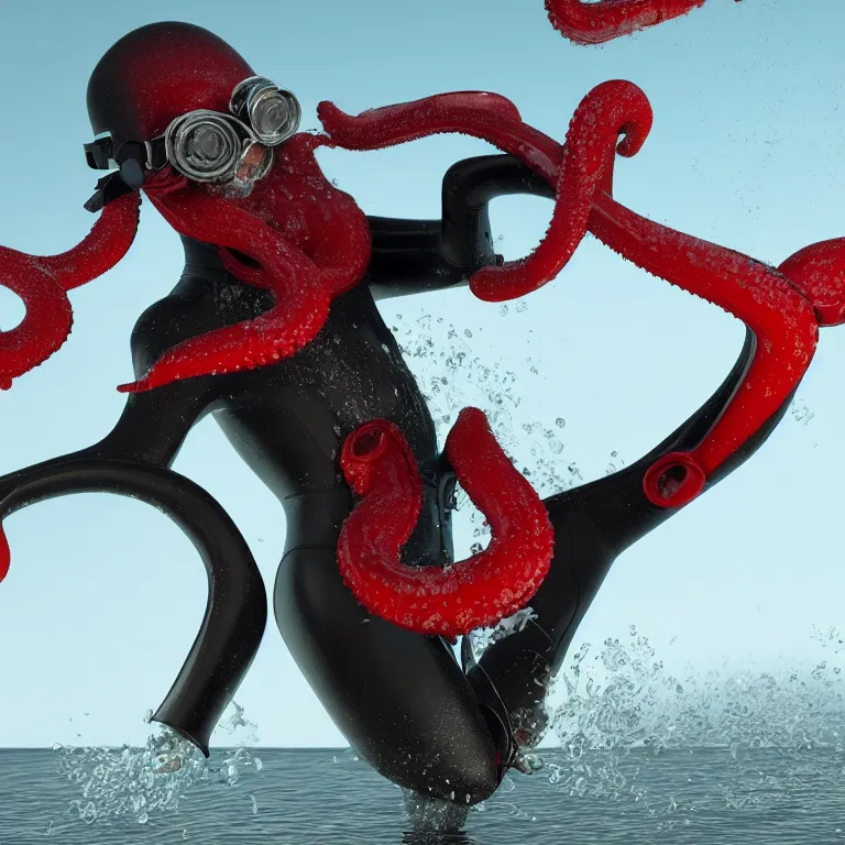 Prompt: octane render portrait by wayne barlow and carlo crivelli and glenn fabry, subject is a diver in a wet suit with goggles with giant long red tentacles coming out of their mouth, cinema 4 d, ray traced lighting, very short depth of field, bokeh