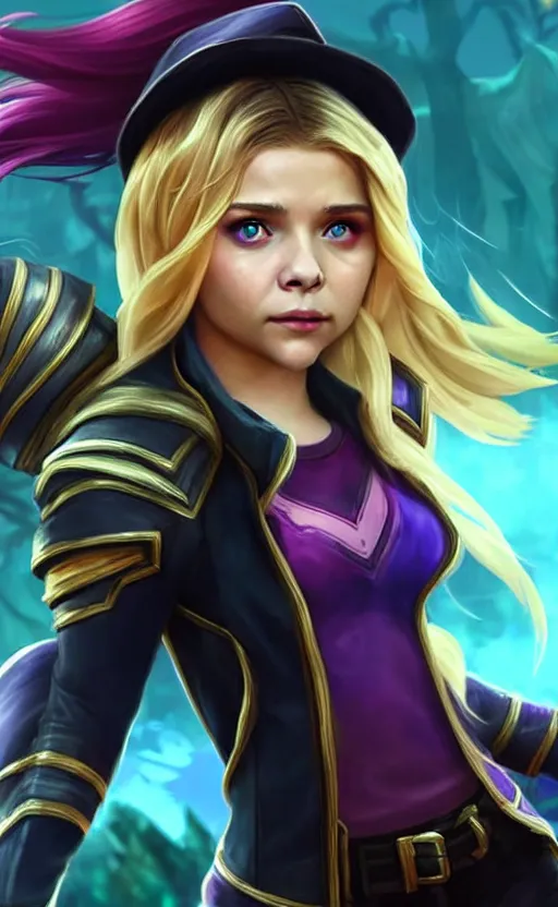 Image similar to Chloë Grace Moretz as a character in the game League of Legends, with a background based on the game League of Legends, detailed face, old 3d graphics