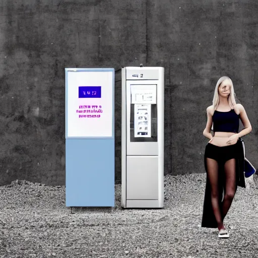 Prompt: a model wearing street fashion stands in a vast empty landscape next to a drinks vending machine