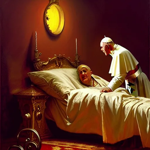 Prompt: the pope is in his bed, sweating, nervous and terrified, because a double horned shadow demon from hell lurks in the wall of the bedroom. highly detailed painting by gaston bussiere, j. c. leyendecker, greg rutkowski, craig mullins 8 k