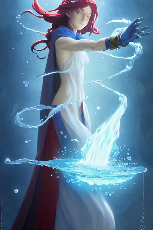 Image similar to elf female sorcerer doing water magic spells, blue robes, red hair, finely detailed perfect face, exquisite details, mid view, design on a white background, by studio muti, greg rutkowski makoto shinkai takashi takeuchi studio ghibli