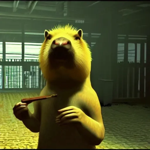 Prompt: capybara with a banana on its head. screenshot from max payne game