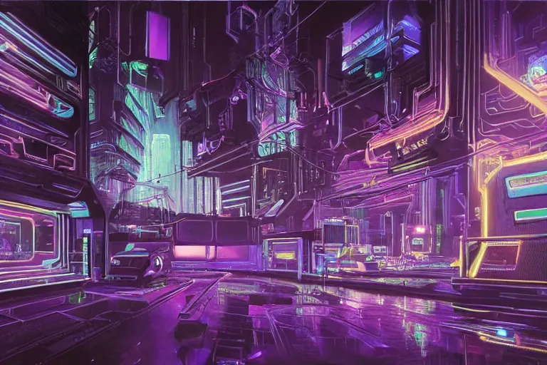 Image similar to A highly detailed rendering of a Cyberpunk room with hologram of a bitcoin messy cables, soft neon purple lighting, reflective surfaces, sci-fi concept art, by Syd Mead and H.R.Giger, highly detailed, oil on canvas