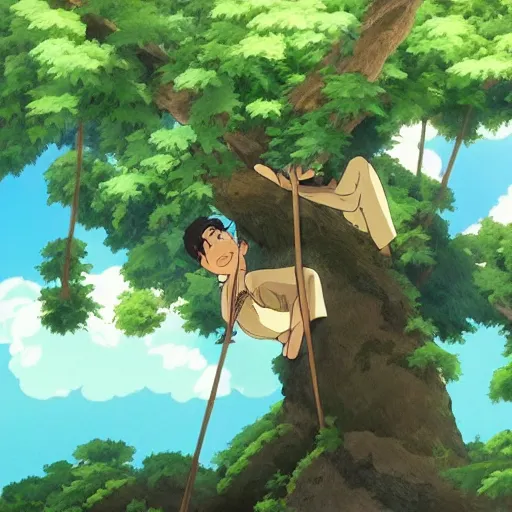 Image similar to gabriel boric over a tree made by studio ghibli, detail, high quality, detailed, beautiful scene, smooth