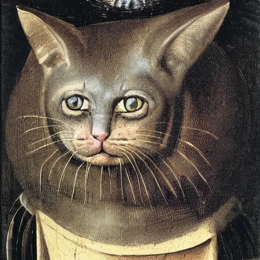 Image similar to stunning portrait of the purple striped cat of cheshire with a malicious smile by hieronymus bosch