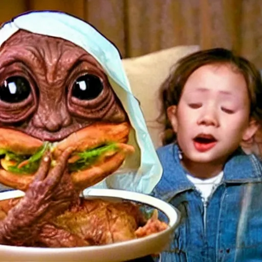 Prompt: E.T being eaten in mukbang video