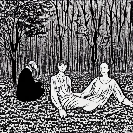 Prompt: dignified screen printing, gothic by ryoji ikeda. a sculpture of a young woman & a well - dressed man enjoying a picnic lunch on a grassy knoll. the man is shown seated facing the woman, & he is looking directly at her. both figures are surrounded by a dense forest.