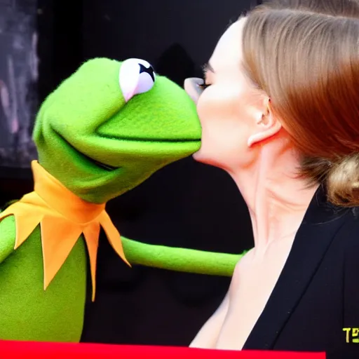 Image similar to Kermit the Frog in a suit and tie kissing Nicole Kidman in a dress on the red carpet movie still photo journalism 4k