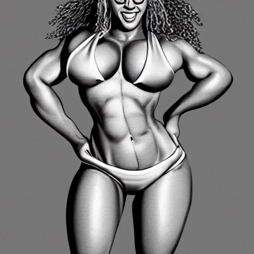 Prompt: Singer Beyoncé as She-Hulk, smiling, photorealistic drawing, sports illustrated, detailed legs, hyperreal, surreal, artstation, bokeh, tilt shift photography, photo illustration