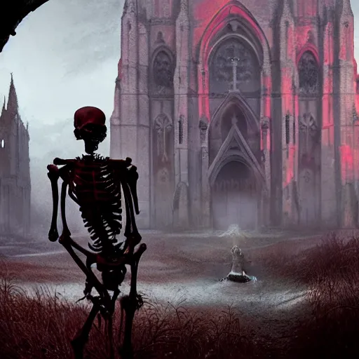 Image similar to full body pose monster skeleton flesh, scary, terrifying, volumetric lighting, gothic church on background, red glow, by greg rutkowski and ivan shishkin