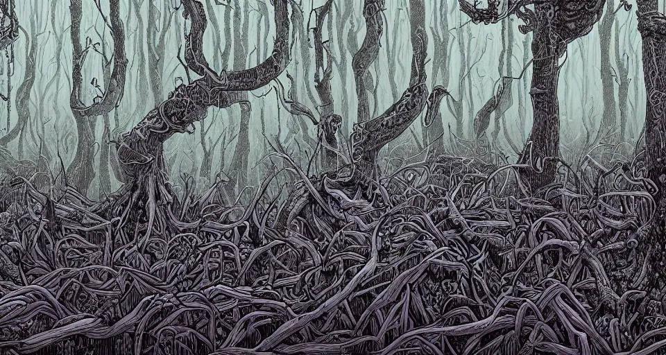 Prompt: A dense and dark enchanted forest with a swamp, by dan Mumford