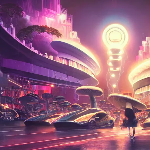 Image similar to lightning mushroom city 8 k octane render rich by artgerm, syd mead, evgeny lushpin