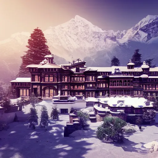 Image similar to a huge steampunk mansion in the snow deep in the himalayan mountains. 4 k octane render.