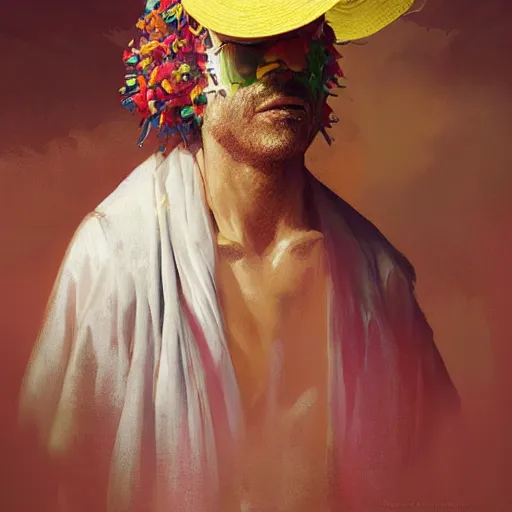 Image similar to portrait of a blindfolded man in multicolored robes, a large straw hat, detailed face, highly detailed, cinematic lighting, digital art painting by greg rutkowski