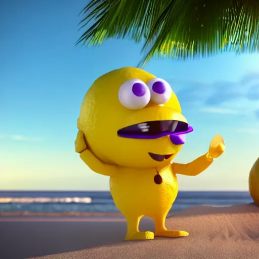 Image similar to 3 d octane render, of an anthropomorphic lemon character, with lemon skin texture, it is wearing a hat and scuba diving suit, building a sandcastle on the beach at sunset, beach, huge waves, sun, clouds, long violet and green trees, rim light, cinematic photography, professional, sand, sandcastle, volumetric lightening