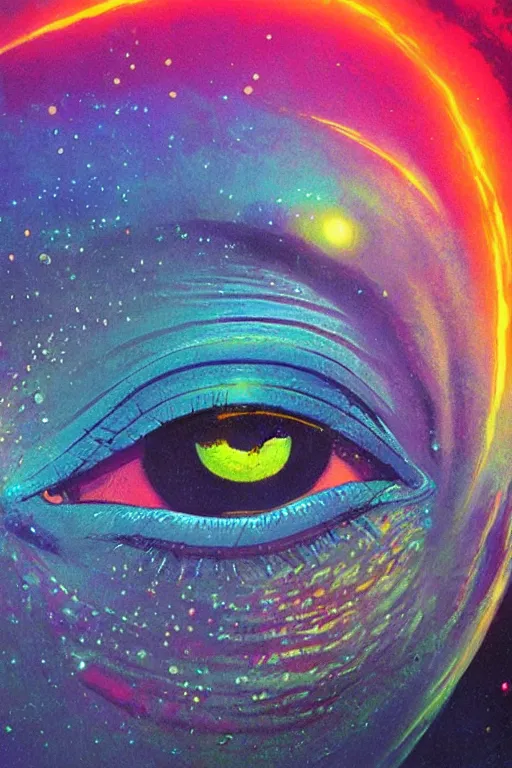 Prompt: multicolored eye, art by bruce pennington, trending on artstation, bioluminescence closeup view illustrator, american romanticism, very very elegant, 4 k hd, bauhaus