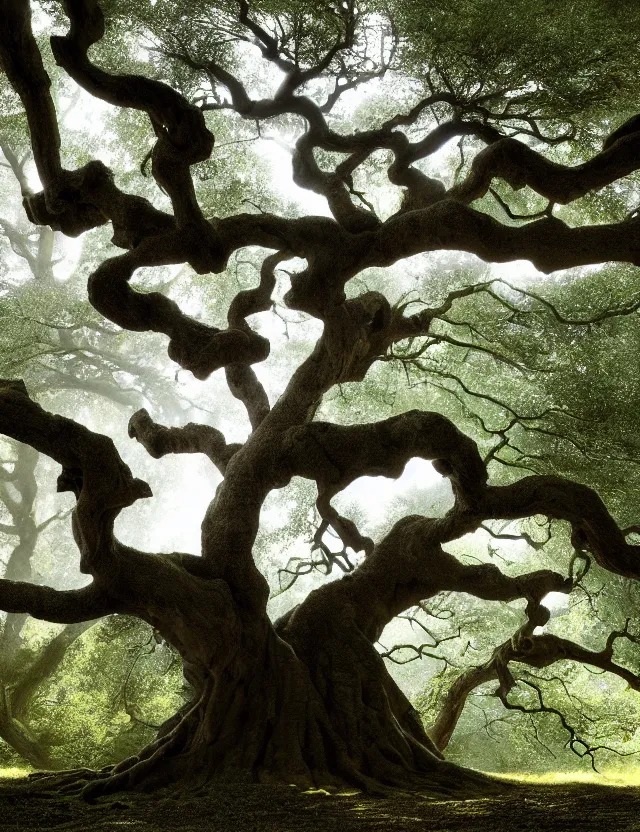 Prompt: a beautiful angel oak tree of life with glowing lights in the branches with winding buttressed roots rising above a cairn covered in mist with sparkling streams and rivulets of water running down into an underground lake by james jean by roger dean by lee madgewick, at dawn, volumetric light, spiritual light, houdini particles, trending on artstation