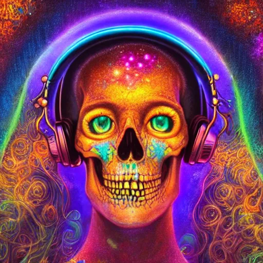 Image similar to portrait of a fantasycore glitchcore pristine skull wearing headphones. intricate abstract. intricate artwork. celestial. psychdelic. prismatic, by josephine wall, by gilbert williams, pixar, ghibli. octane render, CGSociety very coherent symmetrical artwork. cinematic, hyper realism, high detail, octane render, 8k, holographic accents