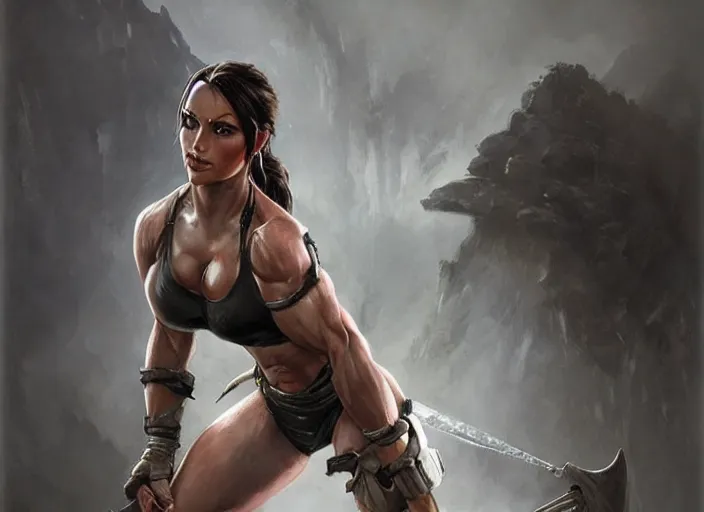 Image similar to portrait of lara croft as a beautiful female bodybuilder demon with plump lips, elegant, fantasy, hd shot, digital portrait, beautiful, artstation, comic style, by artgerm, guy denning, jakub rozalski, magali villeneuve and charlie bowater