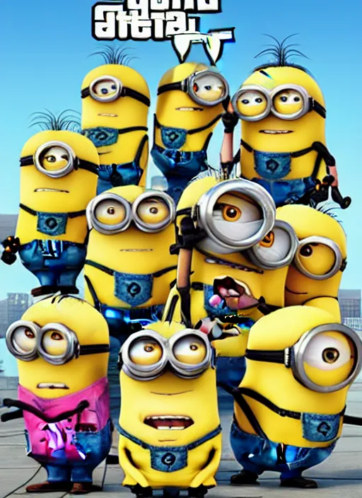 Image similar to grand theft auto 5 cover art of minions from despicable me