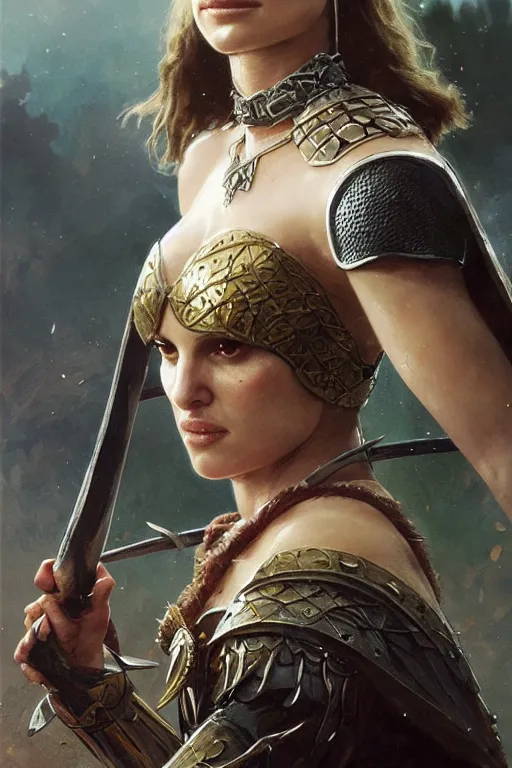 Image similar to natalie portman, legendary warrior, heroic, lord of the rings, tattoos, decorative ornaments, battle armor, by carl spitzweg, ismail inceoglu, vdragan bibin, hans thoma, greg rutkowski, alexandros pyromallis, perfect face, fine details, realistic shading photorealism