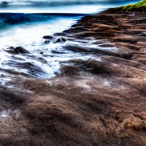 Image similar to waves crashing in on a stony beach, realistic, hdr, clear image, hdd, dynamic lighting,