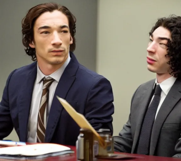 Image similar to Saul Goodman defending Ezra Miller in court, photography, realistic faces, detailed