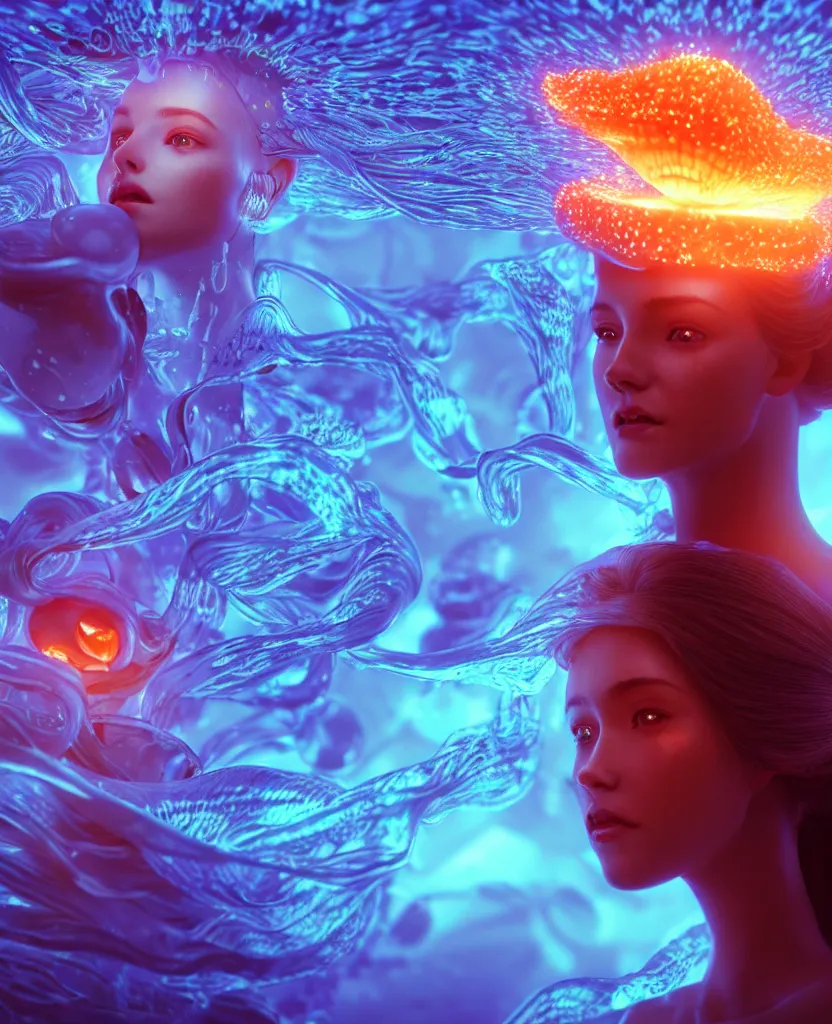 Image similar to close-up portrait of a face of beautiful princess floating in ethereum surrounded by floating jellyfish, energy flows of fire and water, flashes of plasma, 3d with depth of field, blurred background, a highly detailed epic cinematic concept art CG render. made in Maya, Blender and Photoshop, octane render, excellent composition, cinematic dystopian brutalist atmosphere, dynamic dramatic cinematic lighting, aesthetic, very inspirational, arthouse. y Greg Rutkowski, Ilya Kuvshinov, WLOP, Stanley Artgerm Lau, Ruan Jia and Fenghua Zhong