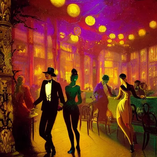 Image similar to young people in a fancy nightclub dancing and drinking, partylights, great colors, in the style of john atkinson grimshaw, trending on artstation