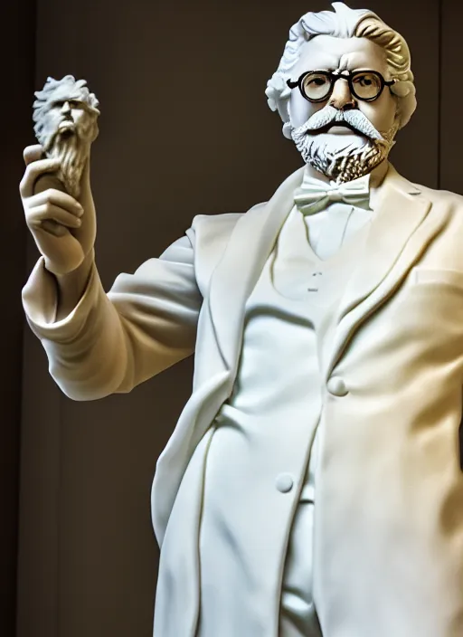 Prompt: colonel sanders as marble statue by michaelangelo, high lights, 4 k, high detailed photography, 5 0 mm lens, depth of field, cinematic