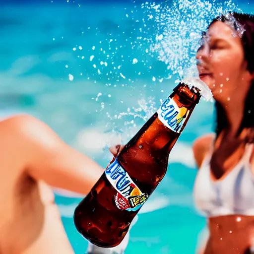 Prompt: a photo of a bottle of beer, product photo, splashes of liquid, beach background with young people having fun, energetic, delicate by marcel christ