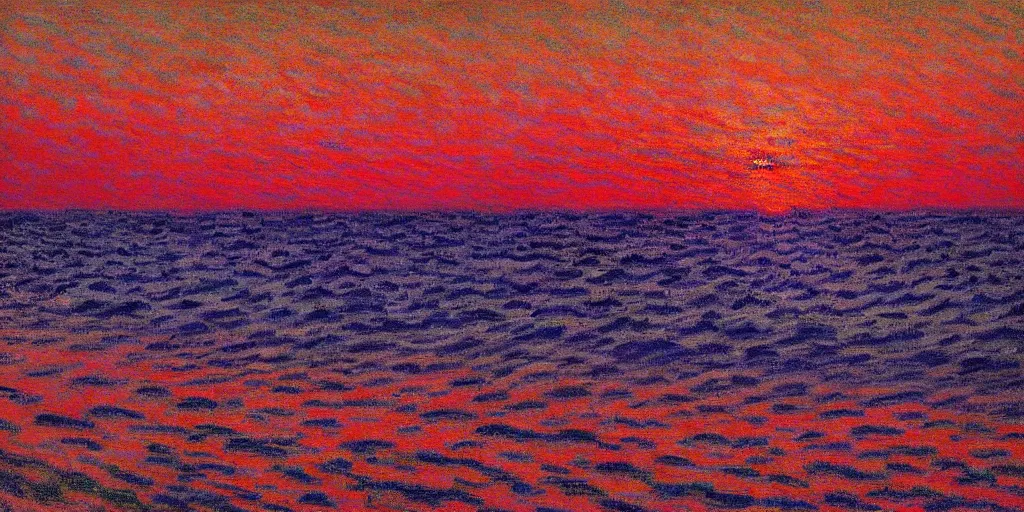 Image similar to An aesthetically pleasing, dynamic, energetic, lively, well-designed digital art of a sunset, beach, ship on horizon, light and shadow, caustics, by Claude Monet, superior quality, masterpiece, excellent use of negative space.