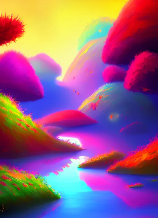 Prompt: painting of a colorful landscape, in a fantasy world, digital painting, hd, illustration, art by tokenin, trending