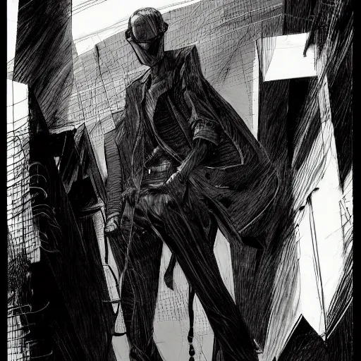 Prompt: concept art character, very high angle view, book cover, walking in cyberpunk valley, highly detailed full body, smooth, sharp focus, organic, appealing, book cover, deep shadows, by Dave McKean sketch lineart for character design