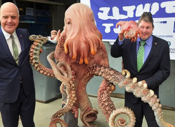 Image similar to a politician photo op with a tentacle monster