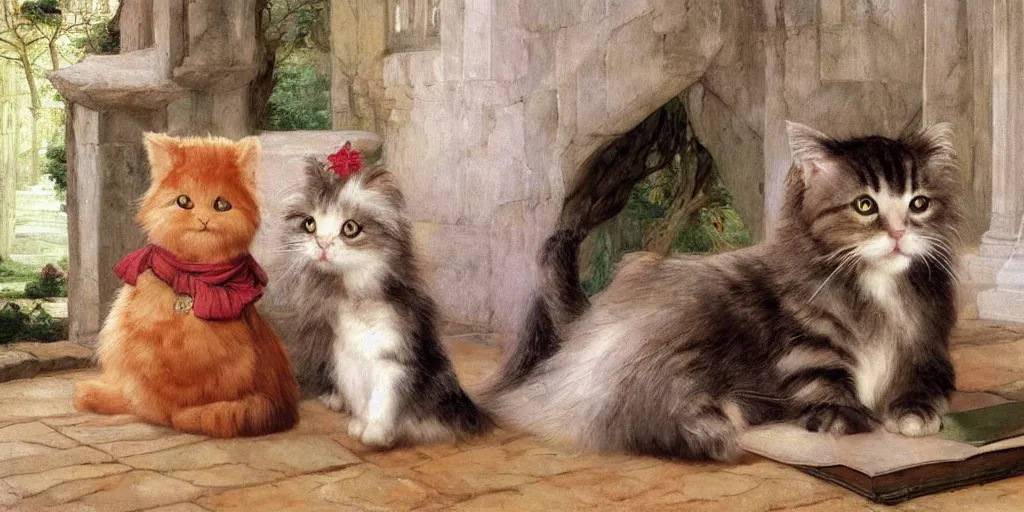 Image similar to 3 d precious moments plush cat, sitting in a castle, realistic fur, stuffed animal, master painter and art style of john william waterhouse and caspar david friedrich and philipp otto runge