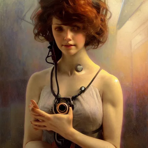 Image similar to hyperrealist portrait of a pretty young female robot with large eyes standing in front of a computer simulation by jeremy mann and alphonse mucha, fantasy art, photo realistic, dynamic lighting, artstation, poster, volumetric lighting, very detailed faces, award winning