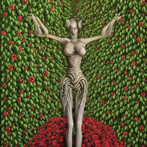 Image similar to a woman standing on a pile of vines and roses by jacek yerka, alex gray, zdzisław beksiński, dariusz zawadzki, jeffrey smith and h.r. giger, oil on canvas, 8k highly professionally detailed, trending on artstation