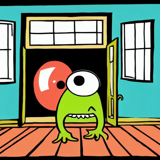 Image similar to photography, cartoon, monster, window, wood floor