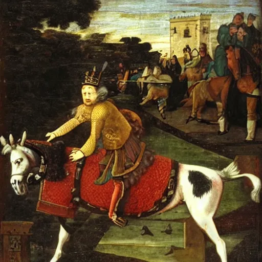 Prompt: henry the 8 th falling off a donkey