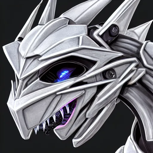 Image similar to close up bust of a cute stunning robot anthropomorphic female dragon, with sleek silver armor, a black OLED visor over the eyes, looking at the camera, her dragon maw open in front of the camera, camera looking down into the detailed living maw, about to consume you, on the beach at sunset, highly detailed digital art, furry art, anthro art, sci fi, warframe art, destiny art, high quality, 3D realistic, mawshot, dragon art, Furaffinity, Deviantart