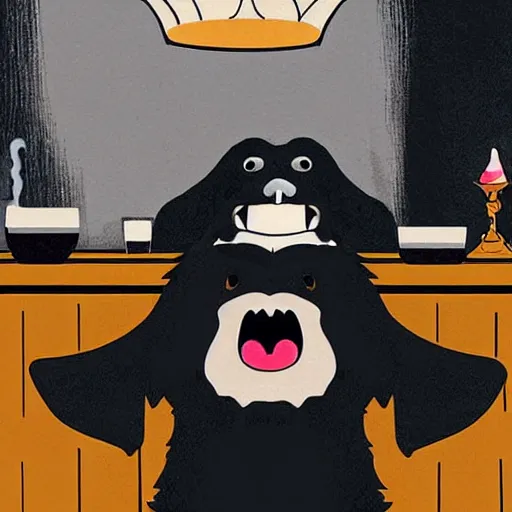 Prompt: a shaggy black dog with vampire fangs drinking at a bar while sitting on a stool. Illustration.