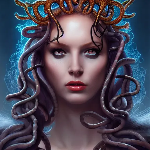 Image similar to medusa, perfect eyes, full body shot, snakes, portrait, fantasy, beautiful face, medieval, vivid colors, elegant, concept art, sharp focus, digital art, Hyper-realistic, 4K, Unreal Engine, Highly Detailed, HD, Dramatic Lighting by Brom, trending on Artstation