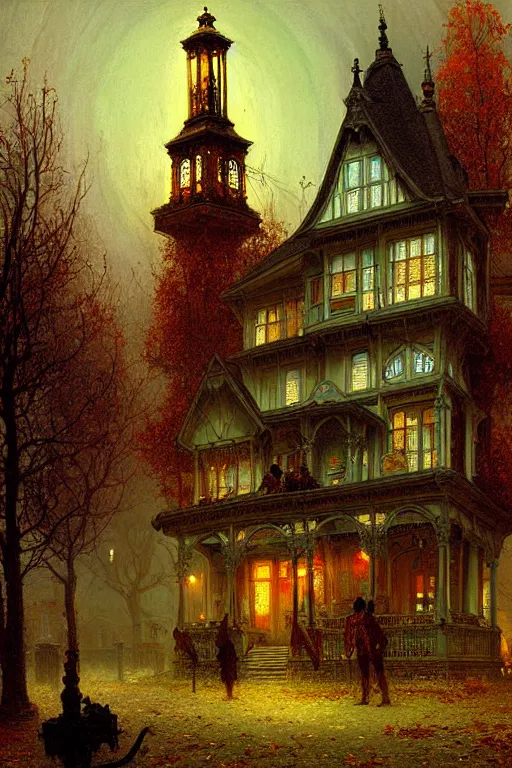 Image similar to detailed painting of a haunted victorian living capsule architecture, autumn, filigree ornaments, ghostly apparitions, andreas achenbach