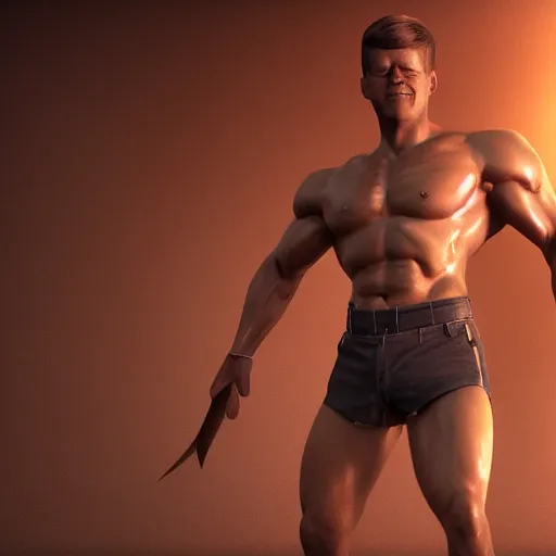 Image similar to john f kennedy as an amazon warrior, muscles, muscles, 4 k, octane render, volumetric lighting, unreal engine, raytacing